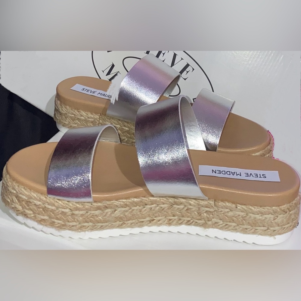 Steve madden platform sandals chunky flatform silver leather sandals jute shoes
